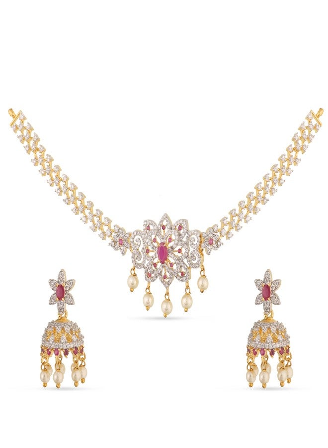 TARINIKA Yellow Gold Beli Nakshatra CZ Short Necklace Set with Floral Design - Indian Jewelry Sets for Women | Perfect for Casual Occasions | Traditional South Indian Necklace | 1 Year Warranty* - Image 1